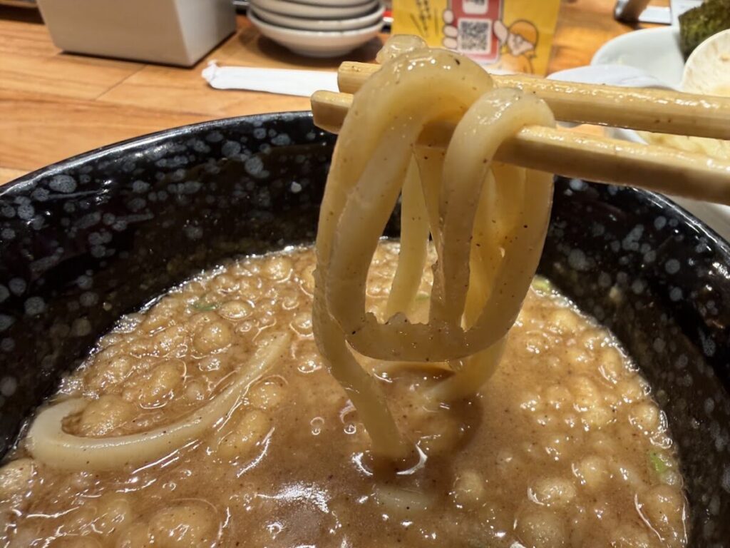 太つけ麺「とんこつ×魚介」で麺をスープにつけて食べる前の写真